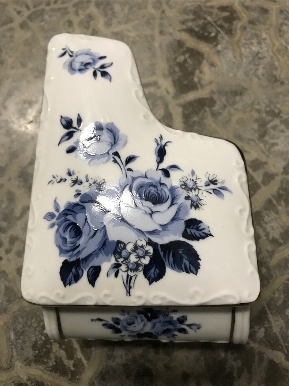Vintage Antique Glazed Porcleain Delft Style Blue White Floral Rose Piano Box